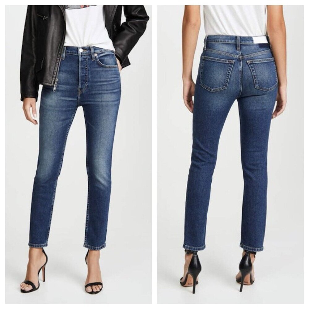 Re/Done Originals High Rise Ankle Crop Jeans Size 26 Midnight Blue Button Fly